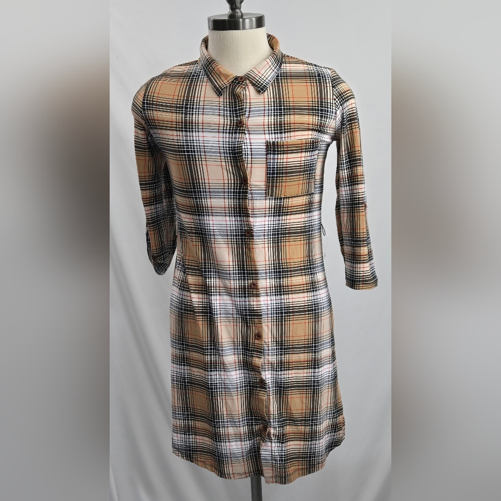 FULL CIRCLE TRENDS Tan PLAID Soft Knit BUTTON-UP 3/4 Sleeve SHIRT DRESS Sz Lg